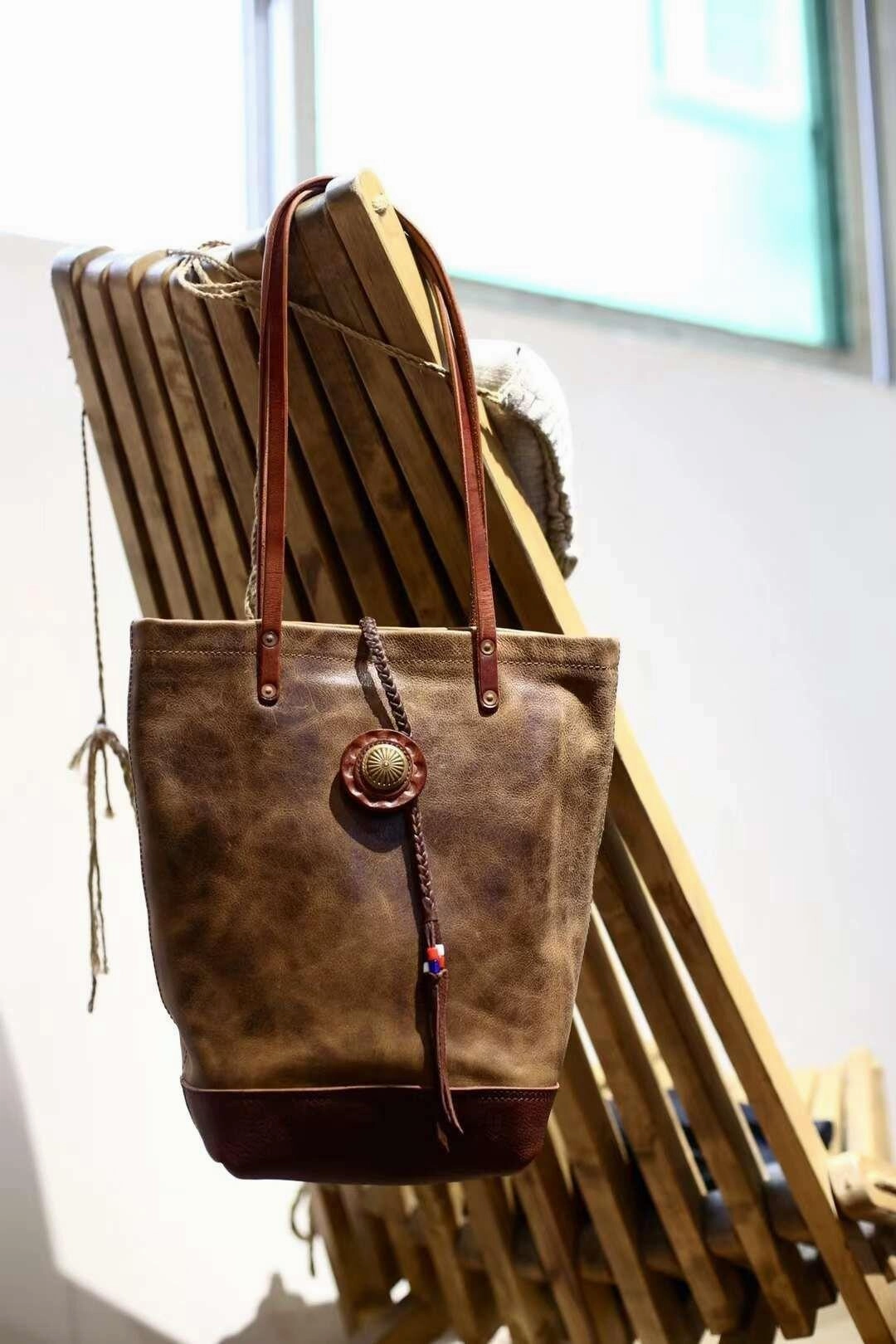 Full Grain Leather Bohemian Shoulder Bag Tote Bag Handmade Leather Bucket Bag, Ethnic Bag Women/Men Bag, Brown Black Leather Bag, Classic Appeal Practical Companion