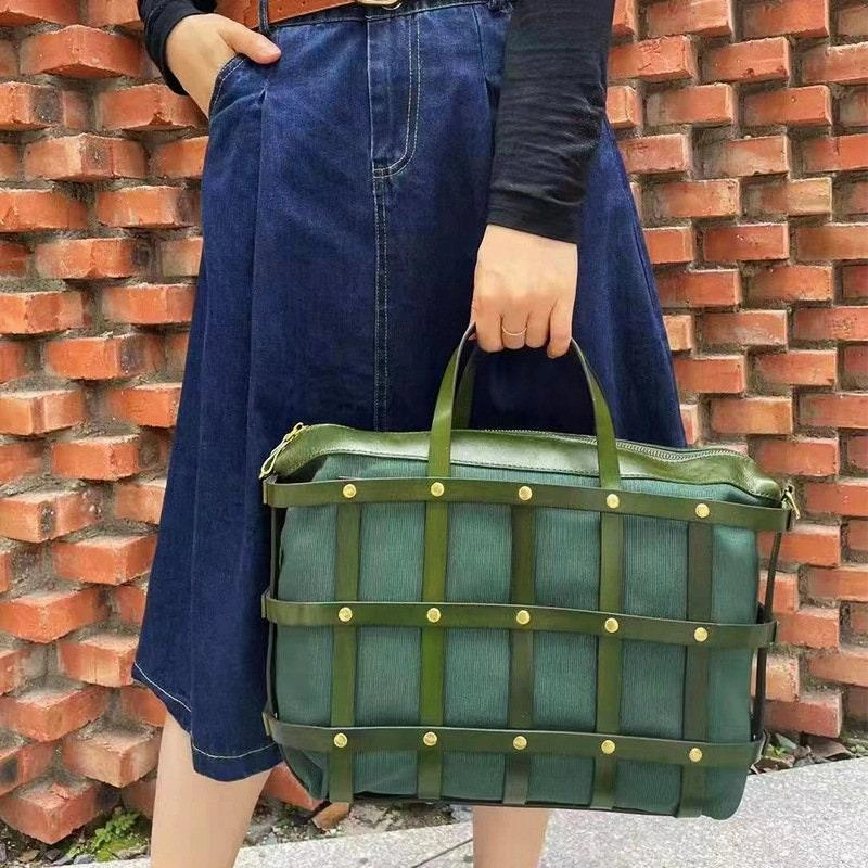 Minimalist Style Full Grain Leather Designer Handwoven Bag / Large Black, Green Hollow Out Cut Out Shoulder Bag, Crossbody Bag, Retro Briefcase