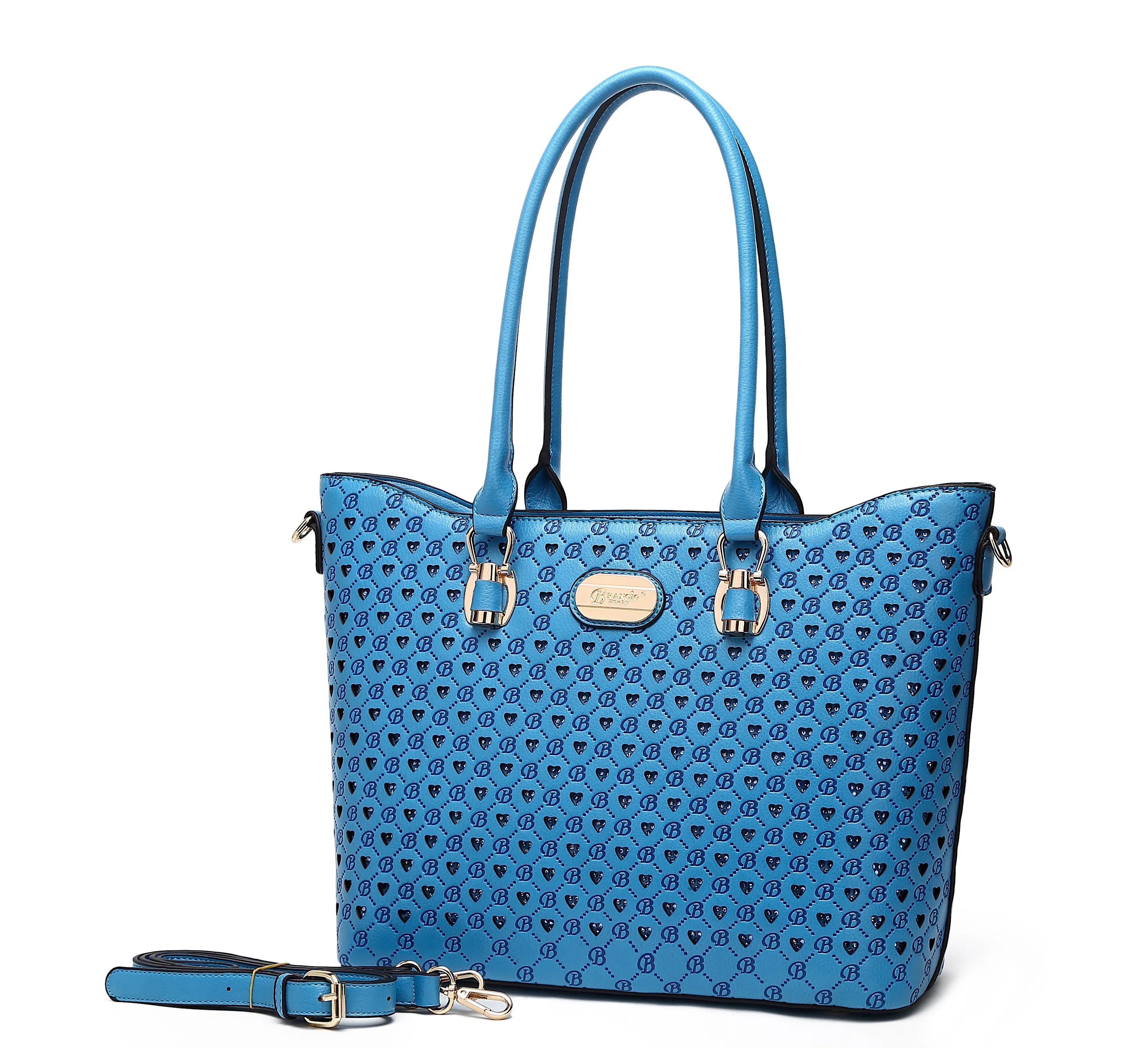 Brangio Italy Blue Monogram Tote Bag ?C Designer Faux Leather Handbag with Signature ??B?? Heart Print & Gold Hardware | U.S.A. Company Ships from L.A. Compact Look