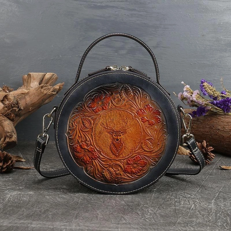Soft leather vintage style embossed woman handbag ? Retro women round bags ? Round Leather Bag ? Leather Circle Round Purse Bag? Handcrafted Water Resistant