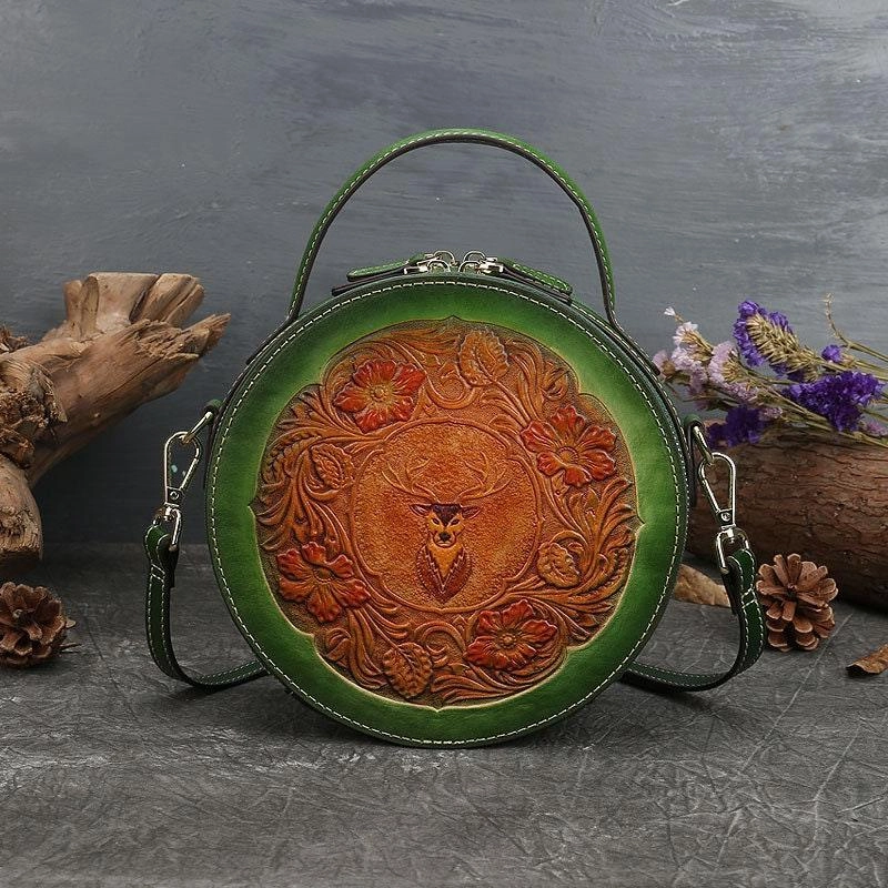 Soft leather vintage style embossed woman handbag ? Retro women round bags ? Round Leather Bag ? Leather Circle Round Purse Bag? Handcrafted Lightweight Comfort