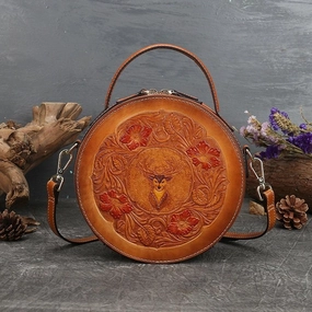 Soft leather vintage style embossed woman handbag ? Retro women round bags ? Round Leather Bag ? Leather Circle Round Purse Bag? Handcrafted Lightweight Function Smart Carry