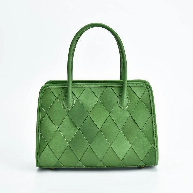 Stylish Functionality Woven Leather Shoulder Bag, Soft Woven Handbag, Leather Boston Bag, Handmade Shoulder Bag, Modern Leather Crossbody Bag, Forest Green/Brown