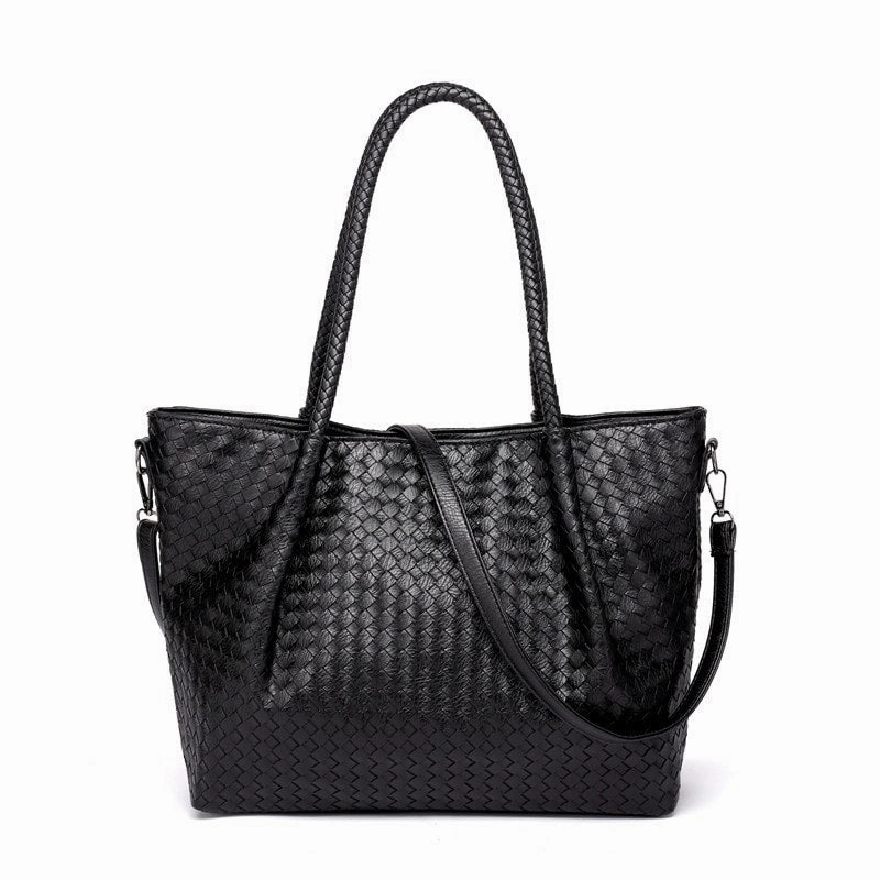 Belle | Black Woven Leather Tote Bag ?C Chic & Spacious Minimal Travel Daily Storage