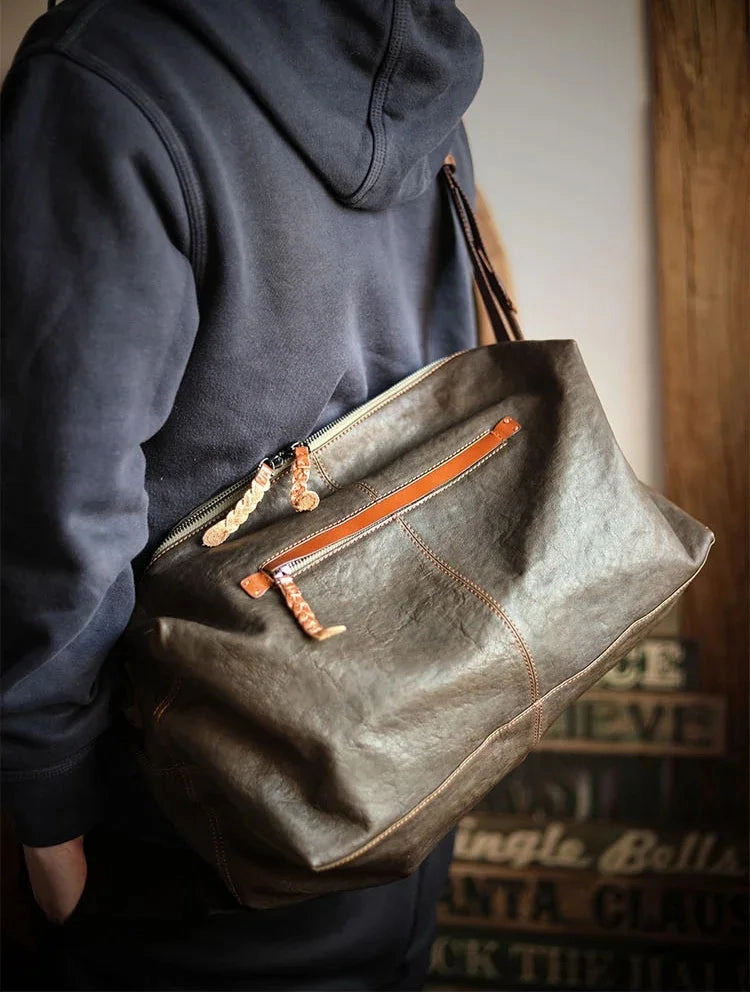 Lightweight Men's Soft Full-Grain Leather Travel Bag, Handmade Durable Cowhide Crossbody, Large Gym Bag, Weekender & Laptop Shoulder Bag Portable Organizer