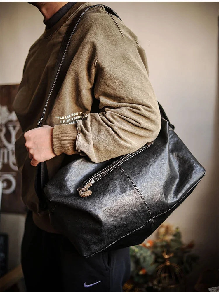 Minimalist Appeal Lightweight Men's Soft Full-Grain Leather Travel Bag, Handmade Durable Cowhide Crossbody, Large Gym Bag, Weekender & Laptop Shoulder Bag