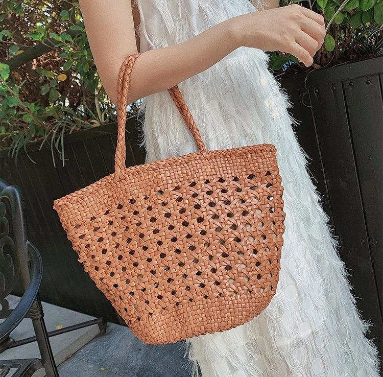 Genuine Leather Hand Woven handbag | Open Rattan Woven Triple Jump Bamboo Ladies Hobo Holiday Bag, Weekend Basket Bag Simple Journey Compact Solution