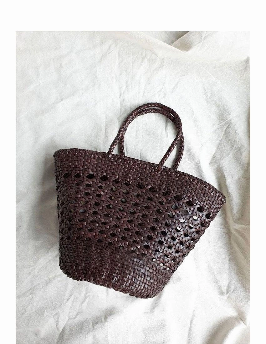 Genuine Leather Hand Woven handbag | Open Rattan Woven Triple Jump Bamboo Ladies Hobo Holiday Bag, Weekend Basket Bag Comfort Companion