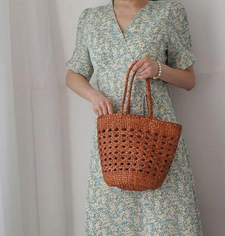 Genuine Leather Hand Woven handbag | Open Rattan Woven Triple Jump Bamboo Ladies Hobo Holiday Bag, Weekend Basket Bag Weekend Style