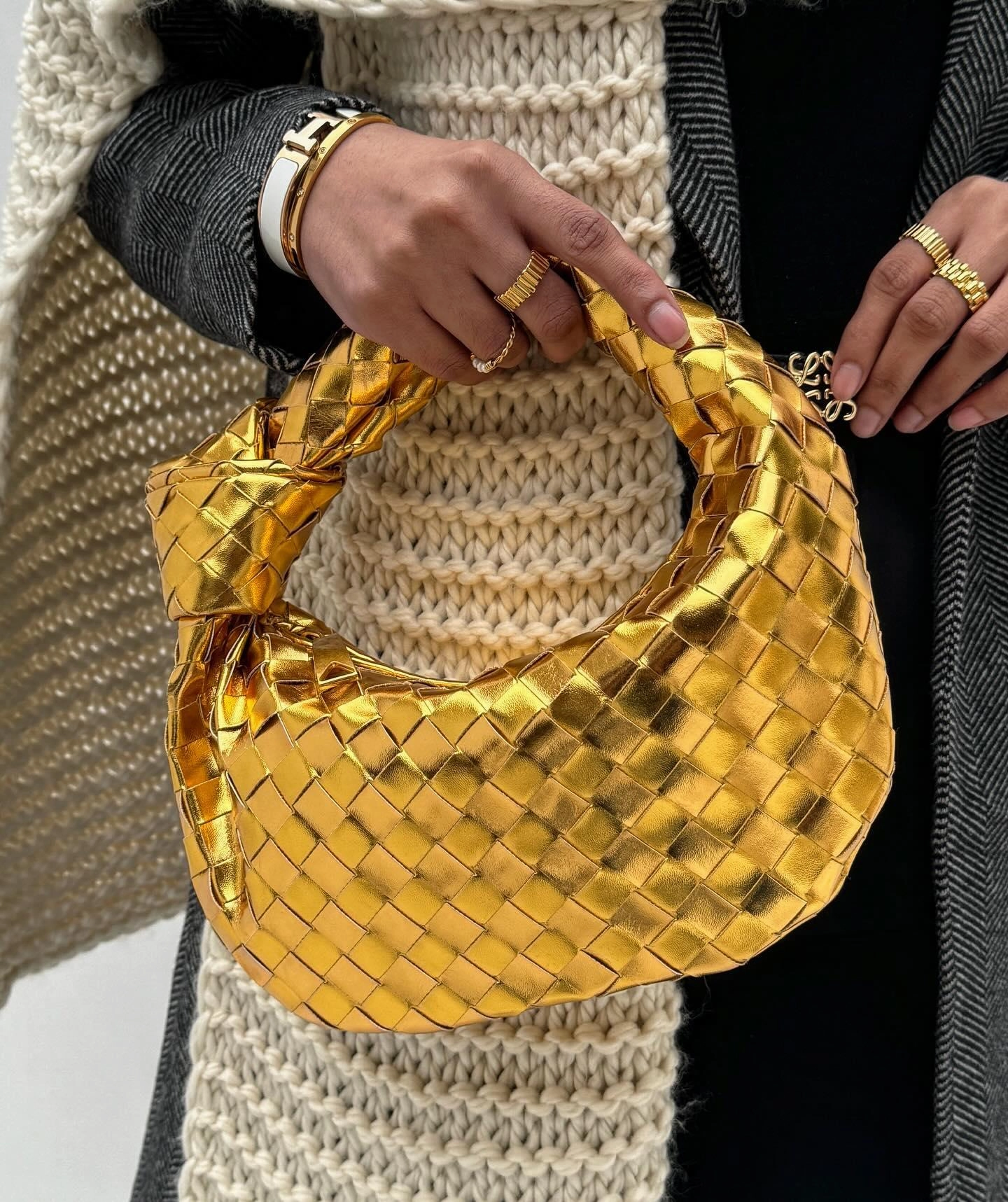 Secure Closure Quality Finish Golden/Silver Knotted Intrecciato Leather Handbag, Handcrafted Cowhide Genuine Leather Handbag, Daily Fashion Lady Bag, Designer Bag