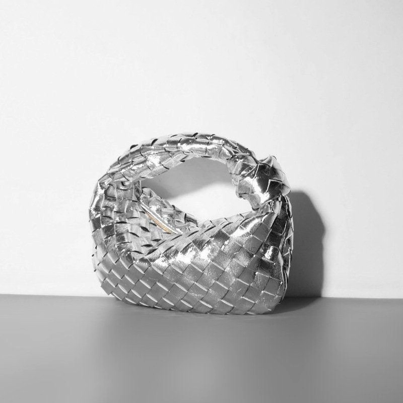 Golden/Silver Knotted Intrecciato Leather Handbag, Handcrafted Cowhide Genuine Leather Handbag, Daily Fashion Lady Bag, Designer Bag Compact Comfort