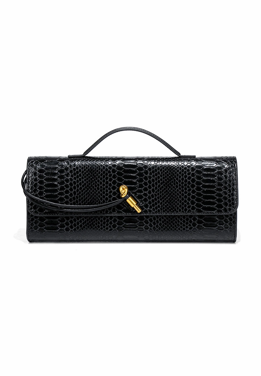 Elegant Essence Elegant Shape Mira | Snake-Embossed Vegan Leather Clutch ?C Top Handle & Gold Twist Lock