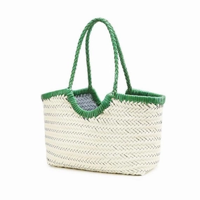 Casual Travel Urban practicality Green Beige Handcrafted Woven Leather Tote Bag, Full Grain Leather Hand Woven Triple Jump Bamboo Ladies HoBo Bag, Curve Summer Holiday Bag