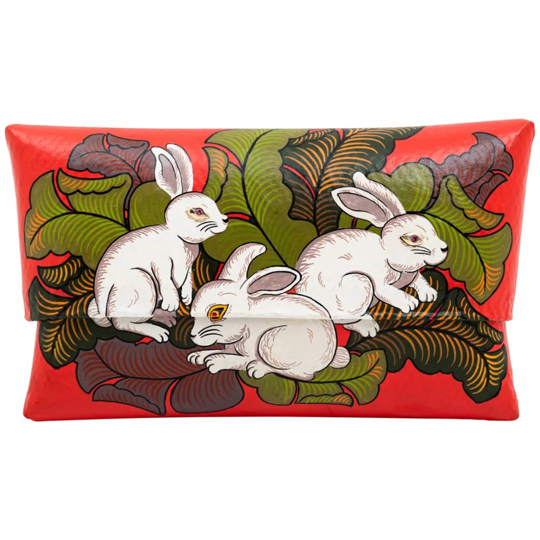 Functional Comfort Lightweight crossbody purse Hand Painted Rabbit Clutch with with Pink Tourmaline