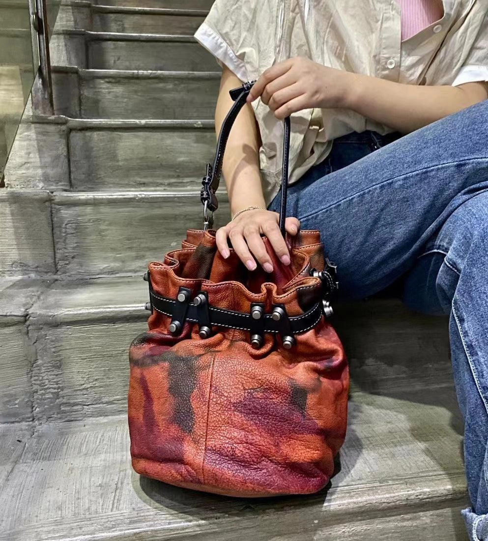 Handcrafted Bohemian Vintage Italian Leather Drawstring Bucket Shoulder Bag | A Perfect Gift for Her Practical Companion On The Go