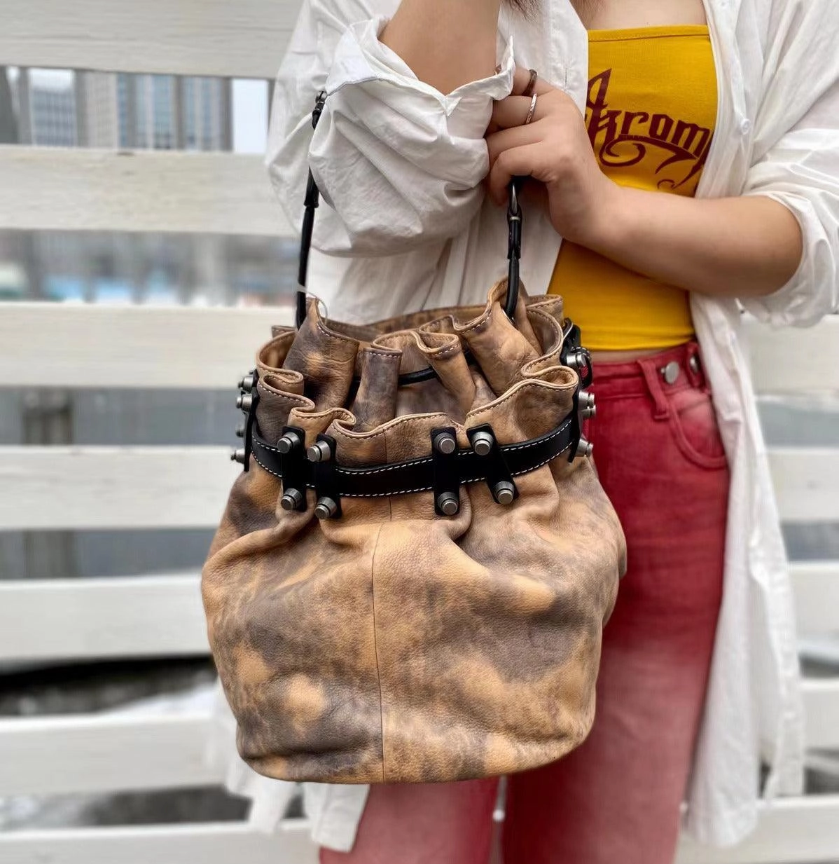 Compact Function Adjustable Strap Handcrafted Bohemian Vintage Italian Leather Drawstring Bucket Shoulder Bag | A Perfect Gift for Her