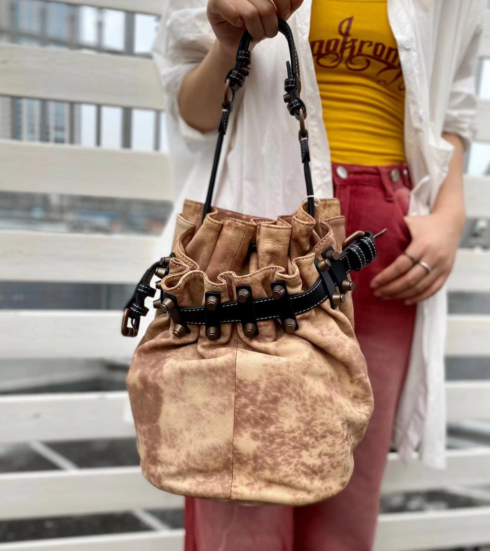 Handcrafted Bohemian Vintage Italian Leather Drawstring Bucket Shoulder Bag | A Perfect Gift for Her Everyday Functionality