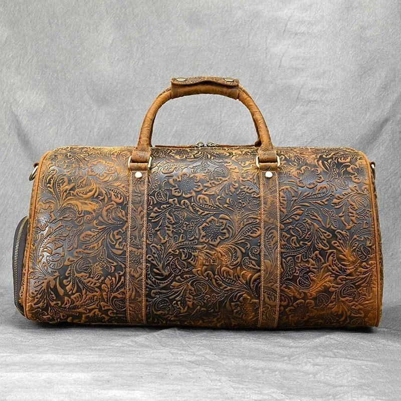 Handcrafted Embossed Cowhide Leather Duffle Bag, Large Vacation Travel Bag, Travel Holdall, Lightweight Cabin Luggage, Leather Gym Bag Simple Form