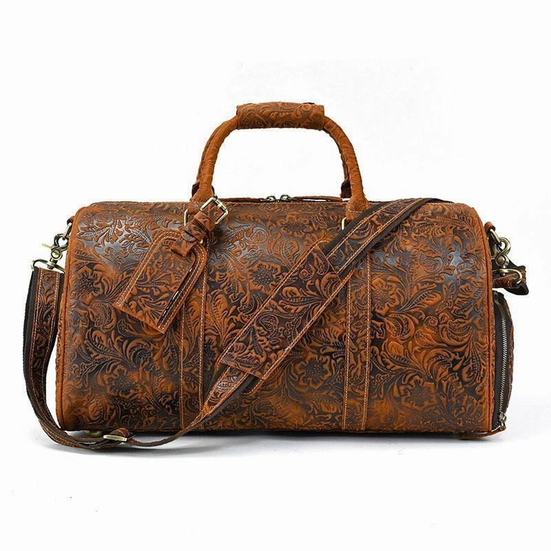 Daily Carry Gear Handcrafted Embossed Cowhide Leather Duffle Bag, Large Vacation Travel Bag, Travel Holdall, Lightweight Cabin Luggage, Leather Gym Bag