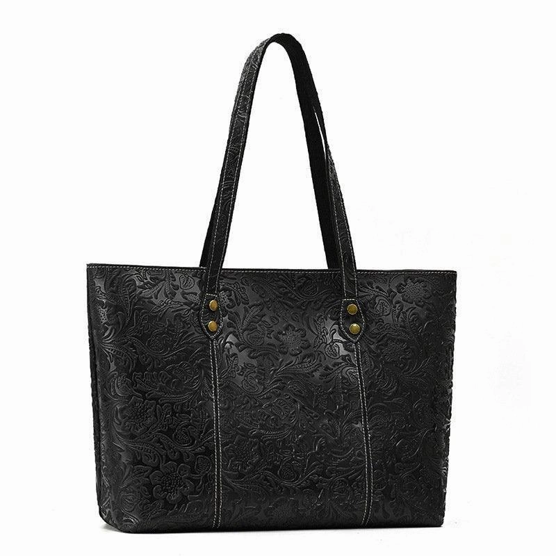 Classic Shape Handcrafted Embossed Leather Tote Bag, Women Flower Tote Bags, Leather Large Shopping Bag,  Leather Laptop Bag, Christmas Gift For Her