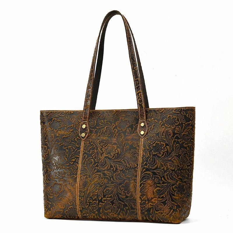Handcrafted Embossed Leather Tote Bag, Women Flower Tote Bags, Leather Large Shopping Bag,  Leather Laptop Bag, Christmas Gift For Her Travel Essential Compact Performance