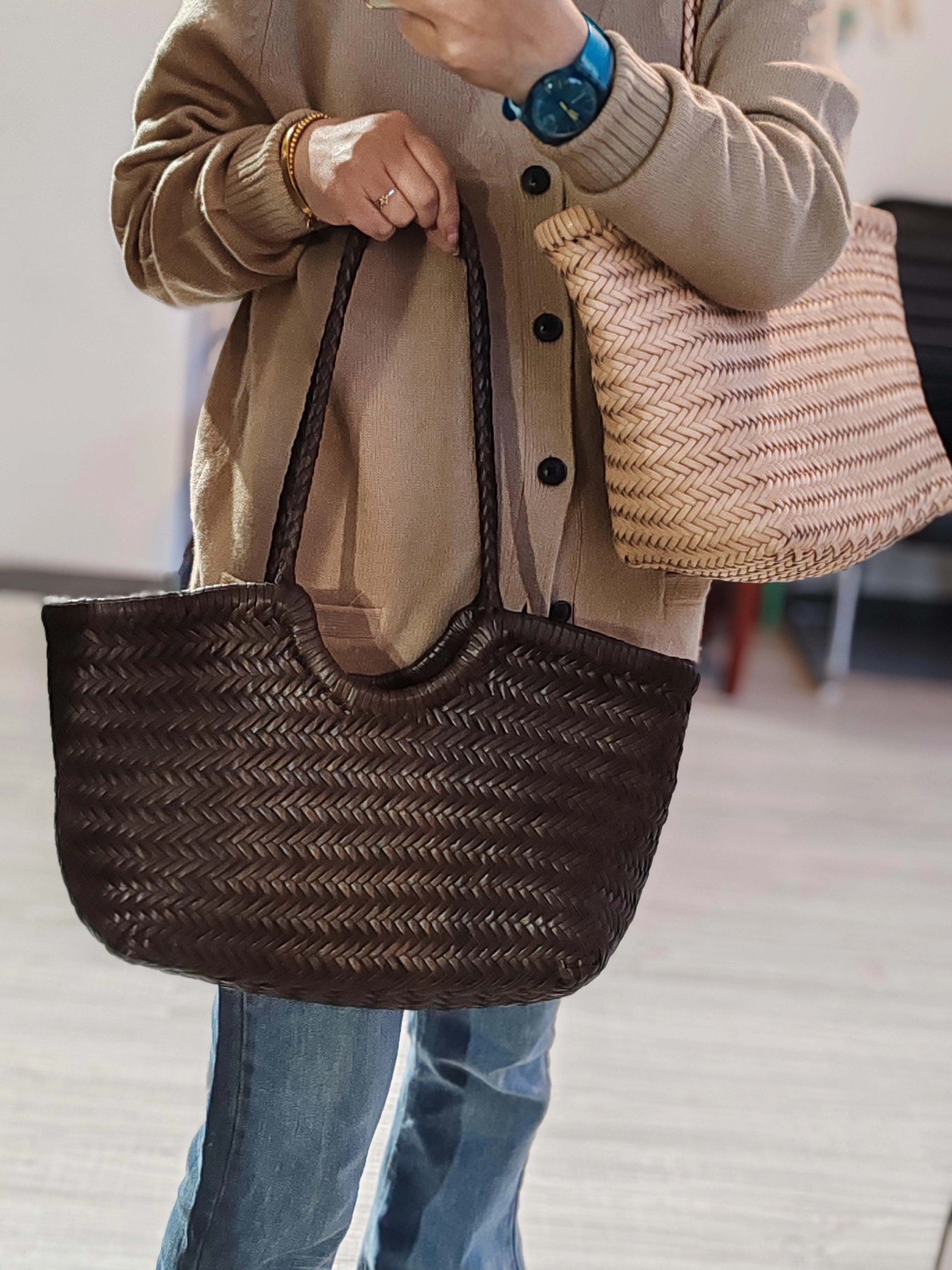 Minimal Everyday Lightweight Function Handcrafted Woven Leather Tote Bag, Full Grain Leather Hand Woven Triple Jump Bamboo Style Ladies HOBO Bag, Summer Holiday Woven Bag