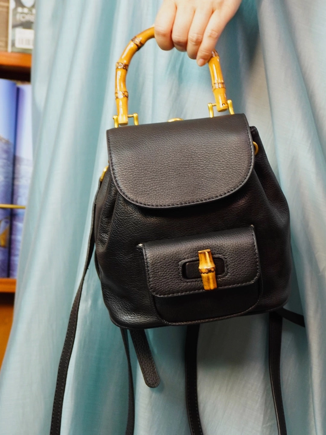 Handmade Cowhide Leather Mini Bamboo Convertible Backpack | Leather Drawstring Shoulder & Handbag for Women Daily Lifestyle