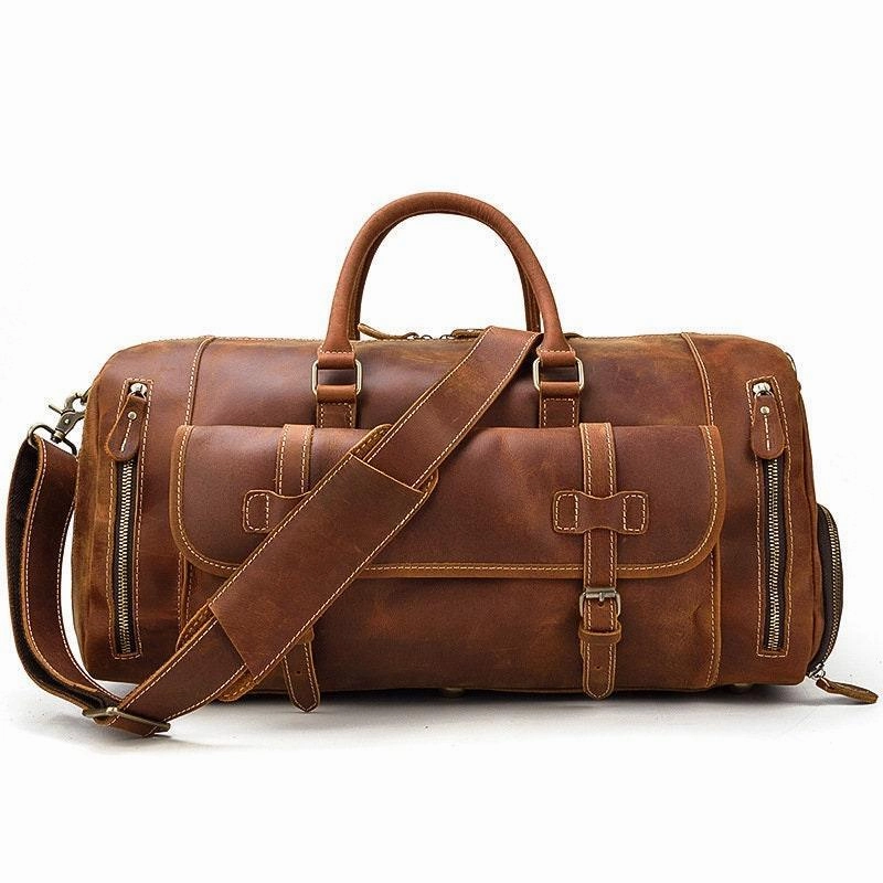 Handmade Full Grain Leather Duffle Bag with shoe Compartment Large Weekend Bag Vacation Holidays Travel Bag Best Men Gift, Brown Lightweight Gear