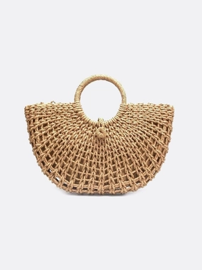 Light Function Reusable Everyday Handwoven Fan-Shaped Tote Bag ?C Round Handle Beach Basket