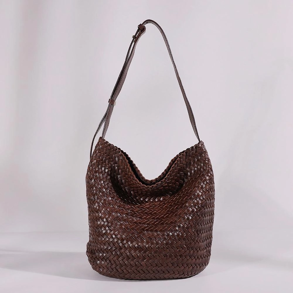 Compact Utility Handwoven Full-Grain Leather Bucket Bag | Stylish Shoulder Bag for Women | Leather Beach Bag