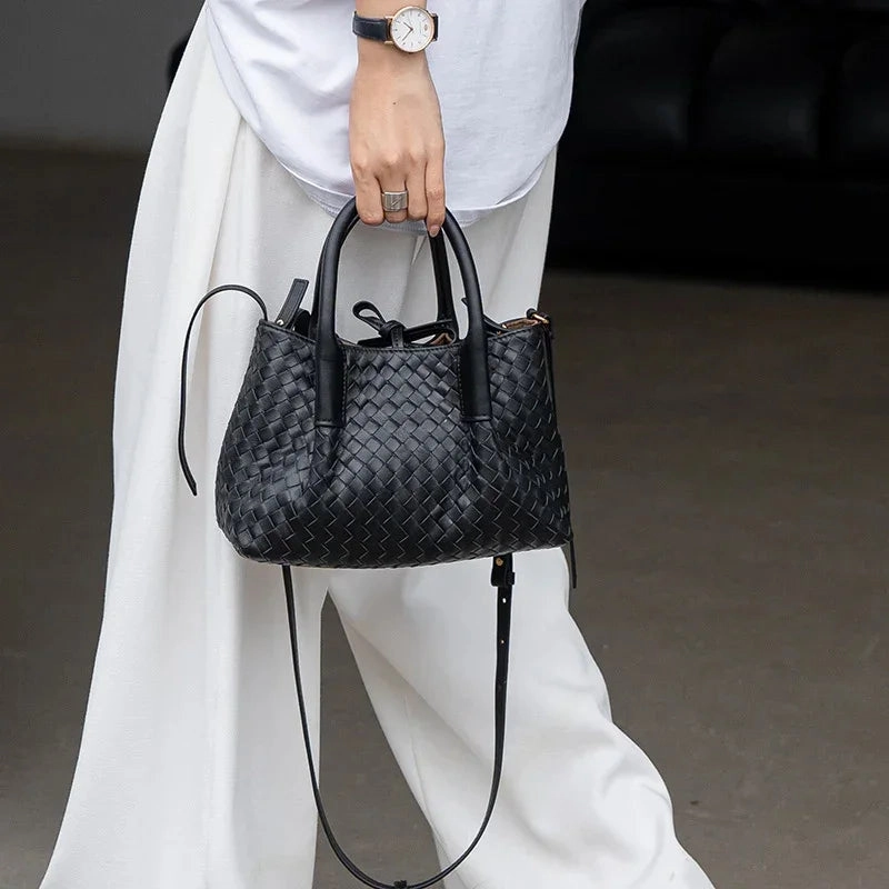 Functional Comfortability Functional Organizer Handwoven Lambskin Leather Shoulder Bag for Women | Luxury Designer Handbag with Top Handles & Crossbody Strap