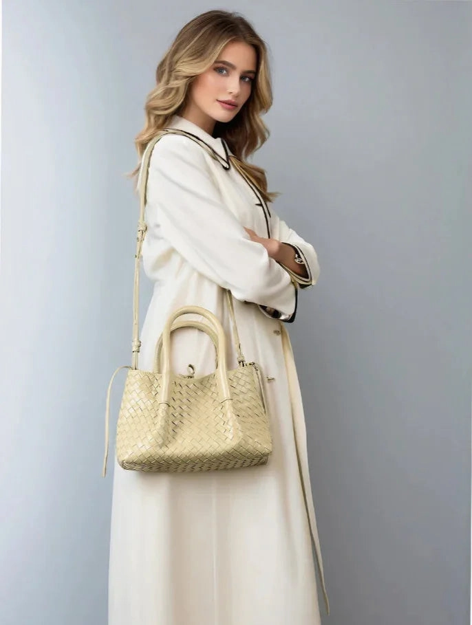 Casual Lifestyle Functional utility Handwoven Lambskin Leather Shoulder Bag for Women | Luxury Designer Handbag with Top Handles & Crossbody Strap