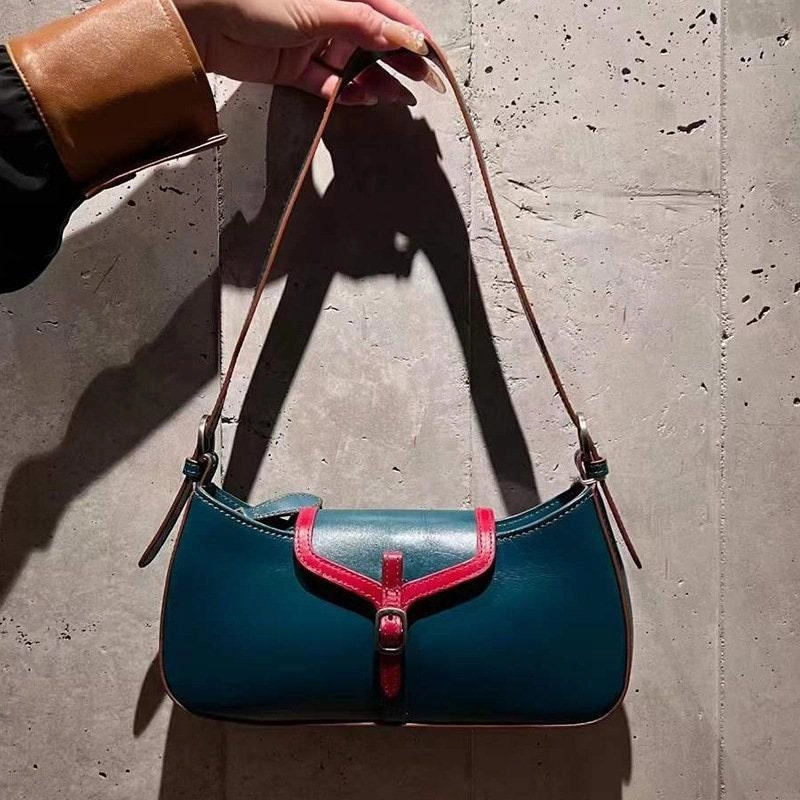 Smart Storage Retro Handmade Women's Bag, Contrast Color Leather Shoulder Bag, Small Satchel, Women Tote Bag Aesthetic Simple, Birthday Gift