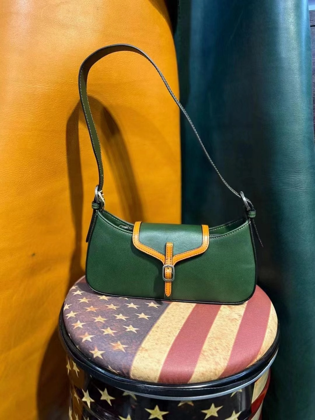 Classic Utility Stylish Practicality Retro Handmade Women's Bag, Contrast Color Leather Shoulder Bag, Small Satchel, Women Tote Bag Aesthetic Simple, Birthday Gift