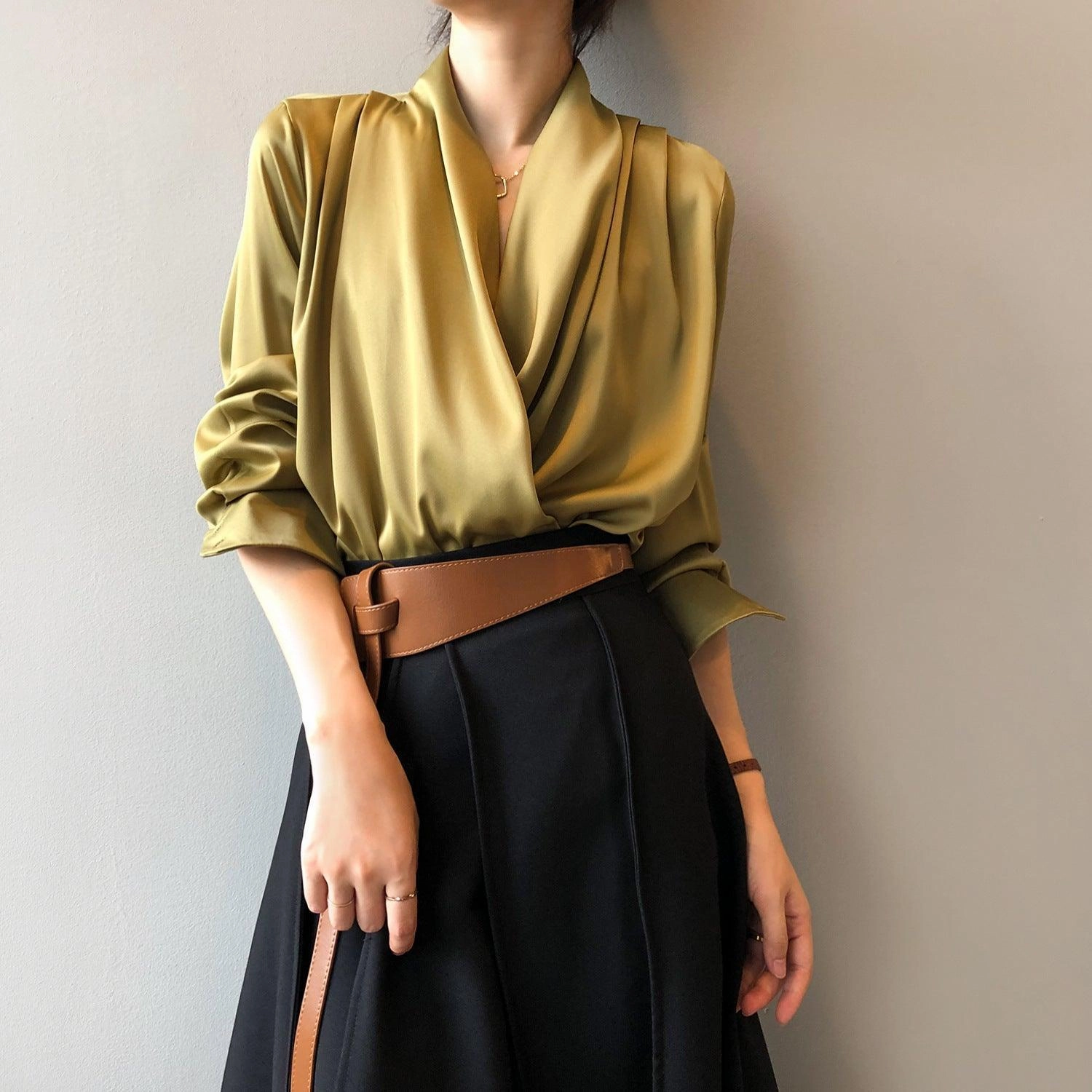 Timeless V-neck Satin Woven Blouse, Silk Satin Long Sleeves Shirt, Women Smart Casual Silky Top, Green Sleeve Blouse, Any Occassion, Gift Refined Look Stylish Practicality