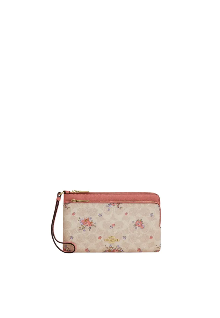 Coach Double Zip Wallet Signature Gold With Floral Print In Sand Multi Cay49 Compact Form