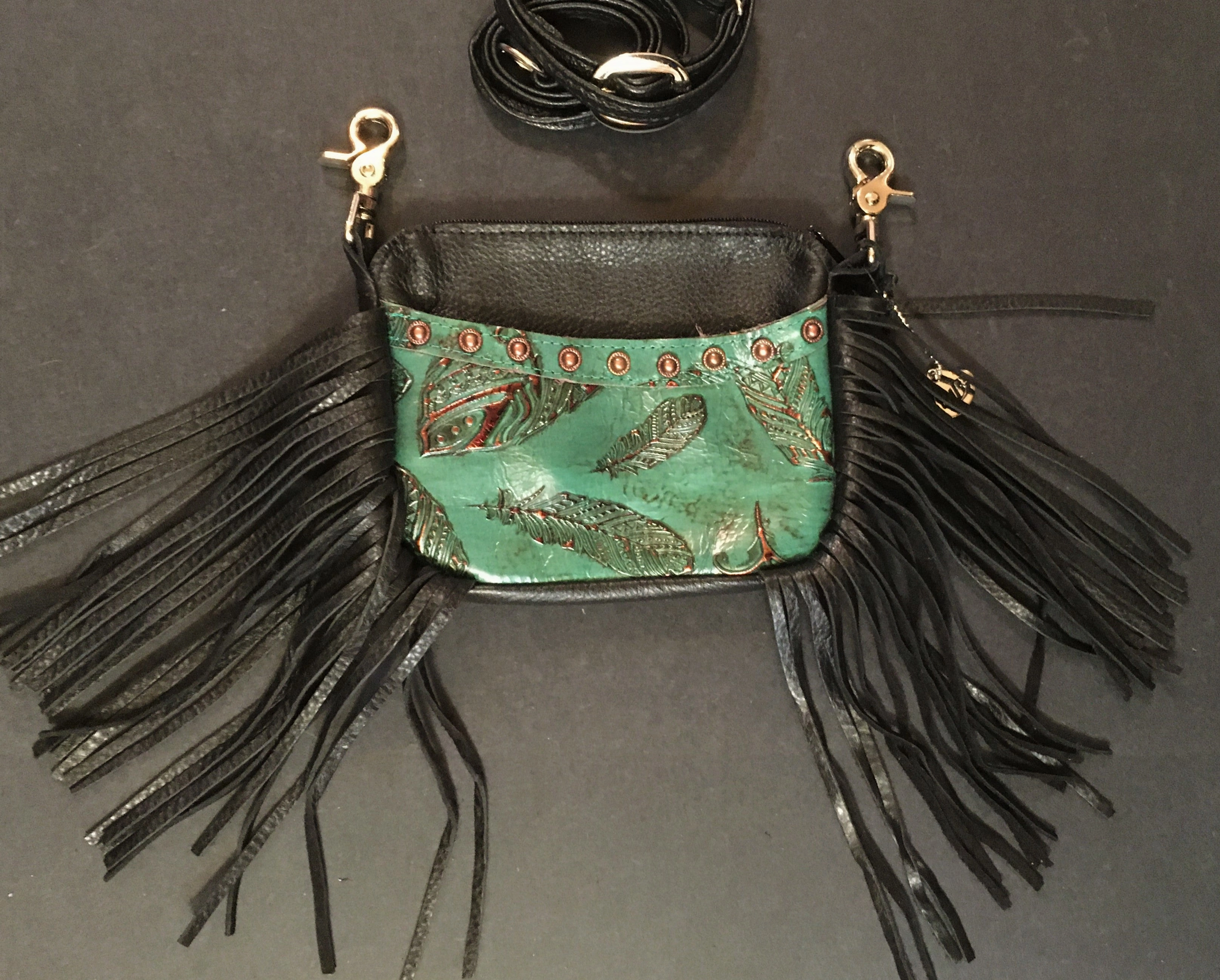 Trendy Lifestyle Modern Appeal Hip Bag Side Cellphone Jade Feather Print Fringe