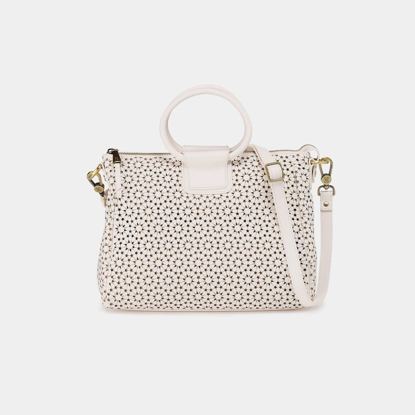 Hobo Sheila Medium Satchel in Perforated Leather in Ecru Daisy Perf Unique Charm Gold Hardware