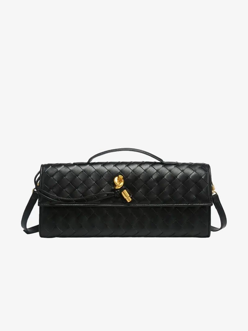 Sleek Utility Isla | Black Woven Leather Shoulder Bag ?C Modern Luxury