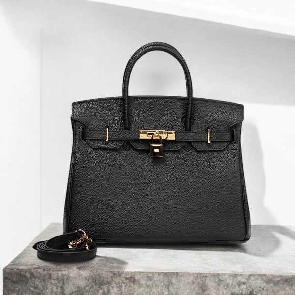 Isla | Classic Black Leather Satchel ?C Elegant Work Handbag with Gold Lock Versatile Piece
