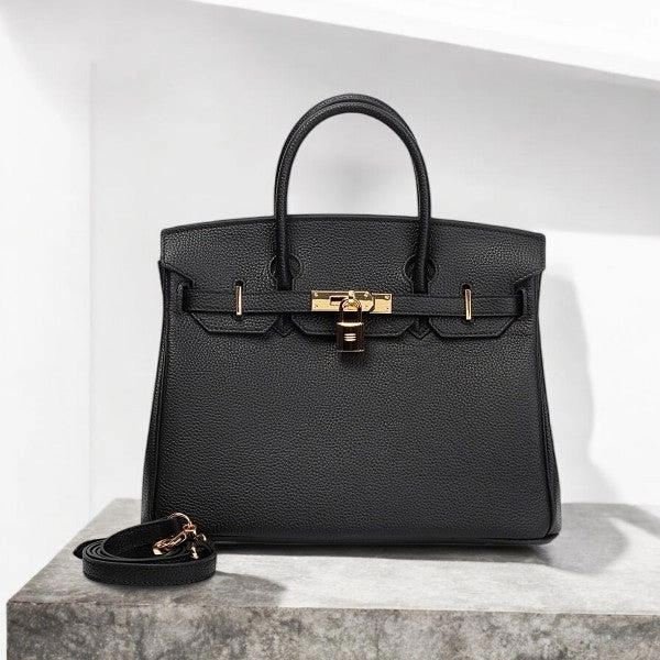 Isla | Classic Black Leather Satchel ?C Elegant Work Handbag with Gold Lock Urban Feature