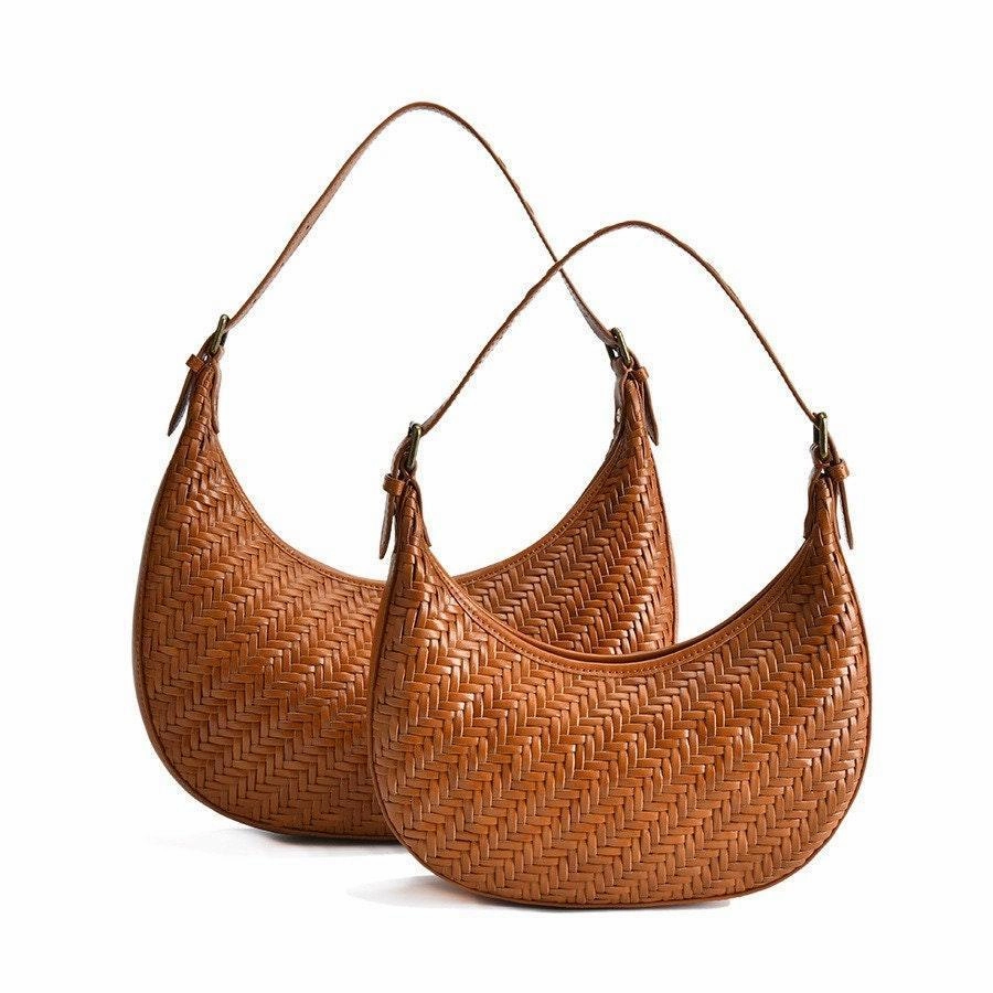 Sleek Utility Italian Grain Leather Woven Hobo Shoulder Bag, Cowhide Leather Summer Beach Bag, Triple Jump Bamboo Shoulder Bag, Handcrafted Basket Bag