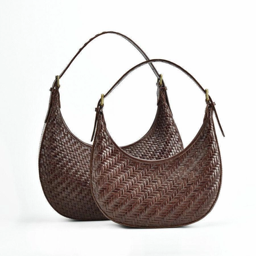 Versatile Function Italian Grain Leather Woven Hobo Shoulder Bag, Cowhide Leather Summer Beach Bag, Triple Jump Bamboo Shoulder Bag, Handcrafted Basket Bag