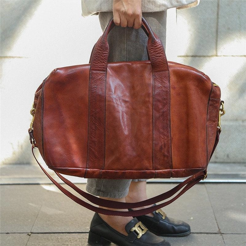 Lightweight Travel Italy Cowhide Leather Boston Bag | Women Weekend Bag | Men Handcrafted Leather Baggage, Leather Gym Bag, 16 inches Laptop Bag, Working Bag