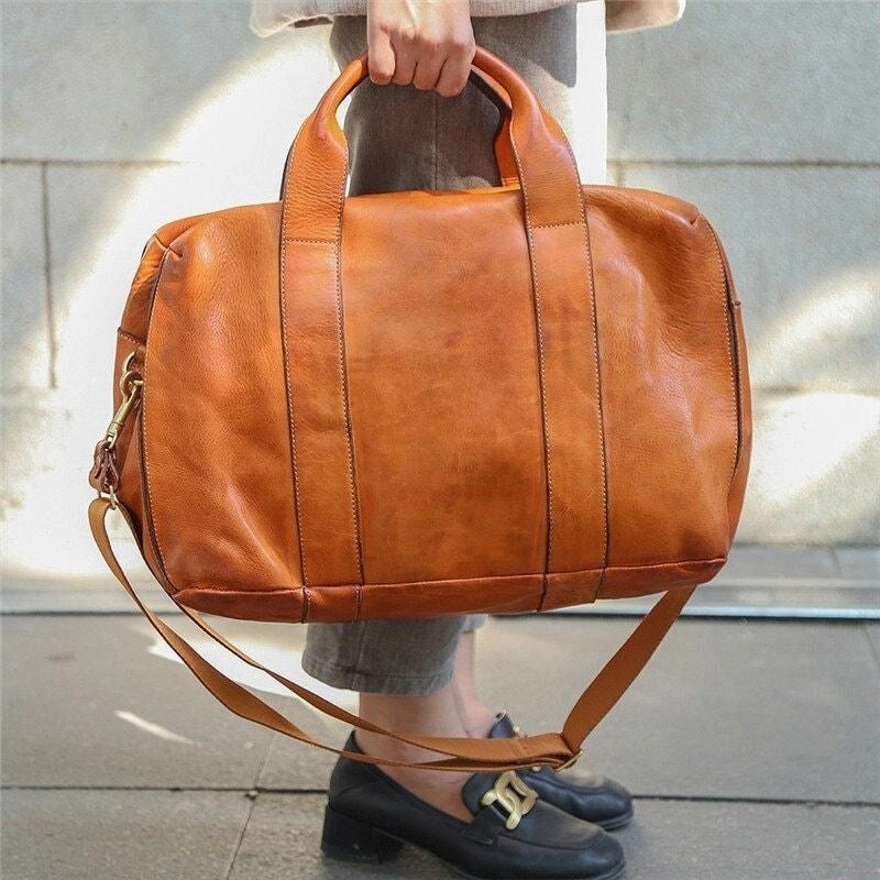 Street Style Italy Cowhide Leather Boston Bag | Women Weekend Bag | Men Handcrafted Leather Baggage, Leather Gym Bag, 16 inches Laptop Bag, Working Bag