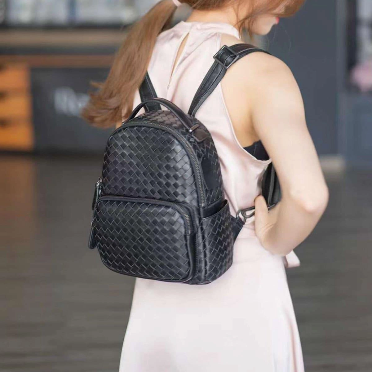 Italy Lambskin Leather Small Backpack, Hand Woven Leather Backpack, Designer Bag, Leather Quilted Elegant Shoulder Bag, Classic Backpack Flexible Carry