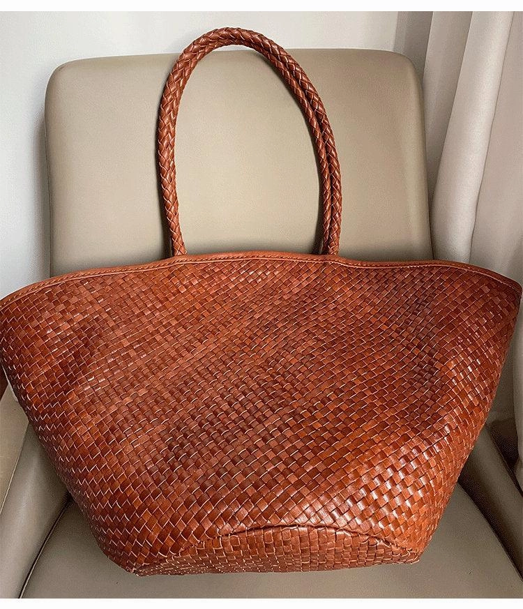 Italy Leather interwoven Hobo Large Trapezoidal Tote Bag, Full Grain Leather Triple Bamboo Bag, Summer Beach Bag, Handcrafted Basket Bag Travel Lifestyle Effortless Style