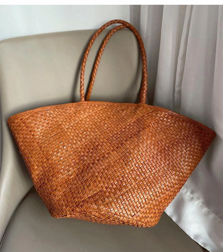 Work Lifestyle Simple Form Italy Leather interwoven Hobo Large Trapezoidal Tote Bag, Full Grain Leather Triple Bamboo Bag, Summer Beach Bag, Handcrafted Basket Bag