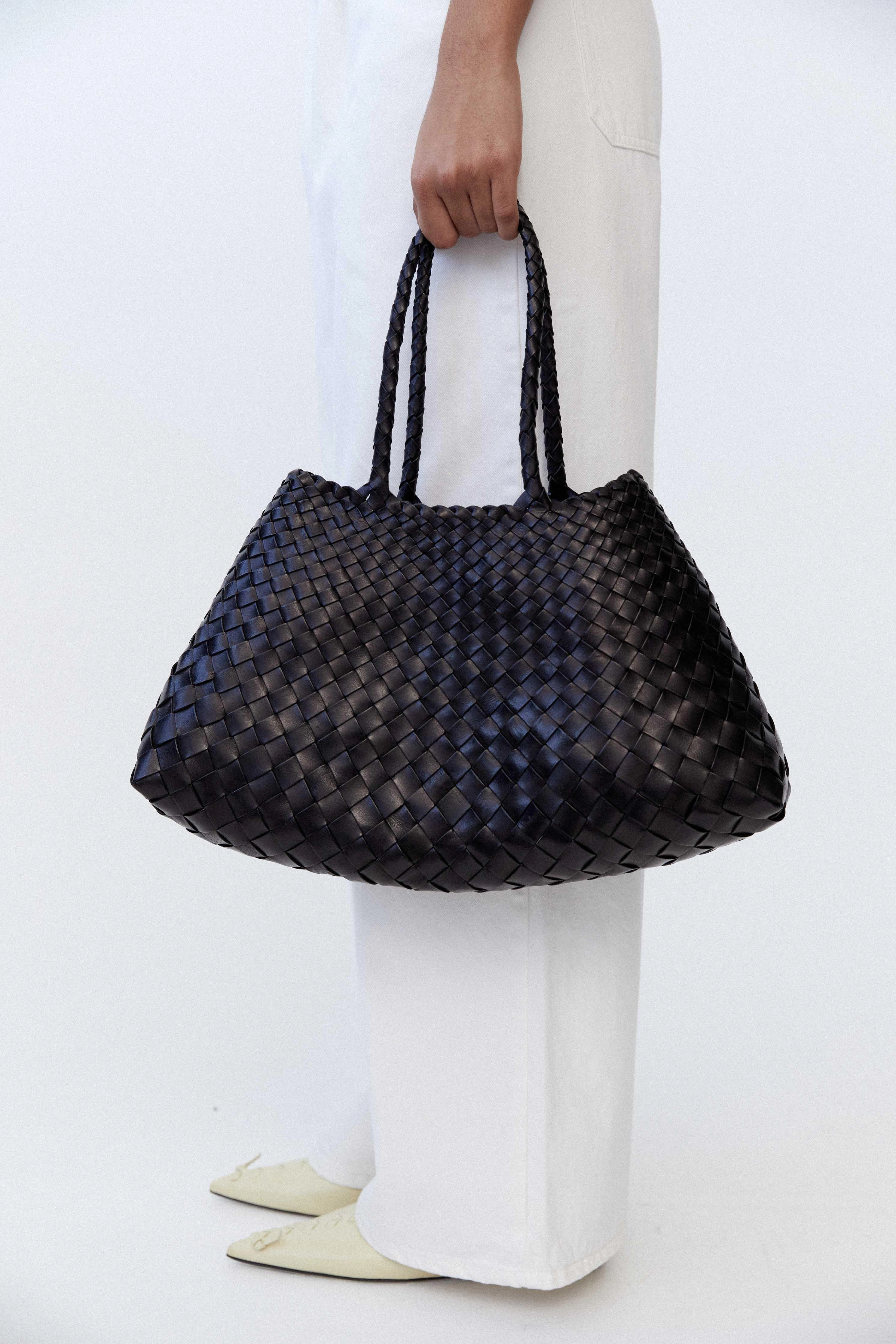 Compact Organizer Italy Leather Woven Bag Hobo Trapezoidal Shoulder Bag (Long Handle) | New Style Summer Beach Bag Full Grain Leather Triple Jump Bamboo HandBag, Handcrafted Basket Bag