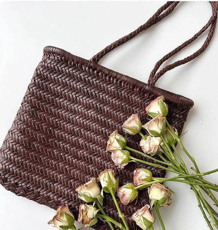 Weekend Style Italy Leather Woven Hobo Rectangle Tote Bag, Summer Beach Bag, Full Grain Leather Triple Jump Bamboo HandBag, Handcrafted Basket Bag